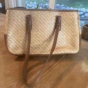 LIZ‎ CLAIBORNE Tan Woven "Straw" Handbag Purse - Brown Leather Handles & Trim
